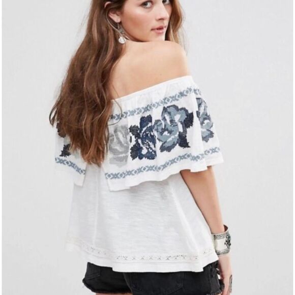 Free People Blue Embroidered Floral Top Womens Sz L Off Shoulder Boho Festival - Picture 6 of 10